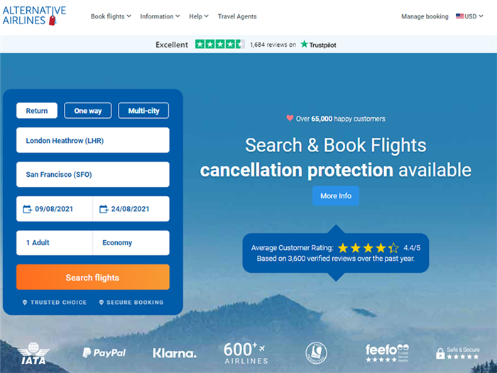 Строка поиска авиакомпании Alternative Airlines с выбранными рейсами из Лондона Хитроу в Сан-Франциско