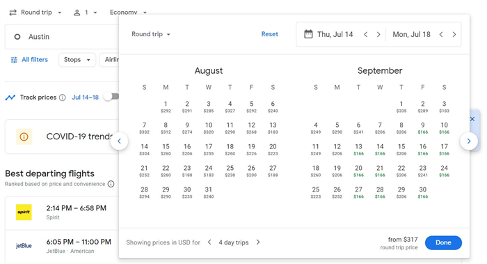 Скриншот поиска авиабилетов Google из Остина в Нью-Йорк, отображающий календарь на 2 месяца.