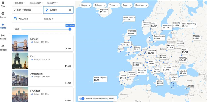 поиск Европы на карте Google Flights Explore