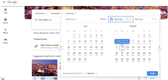 использование календарного поиска по датам в Google Flights