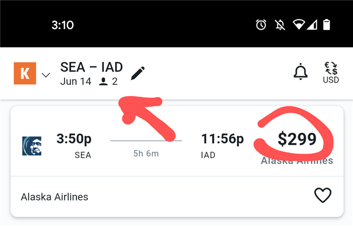 Результат поиска для двух пассажиров из SEA в IAD за $299 с каждого.