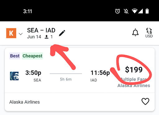 Результат поиска для одного пассажира из SEA в IAD за $199.