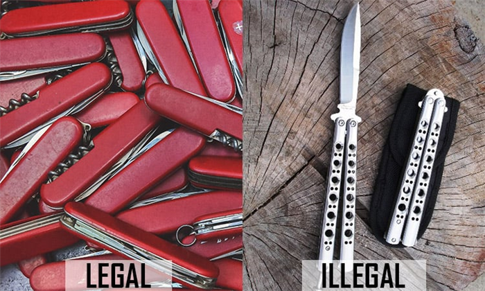 легальные ножи показаны рядом с нелегальными ножами