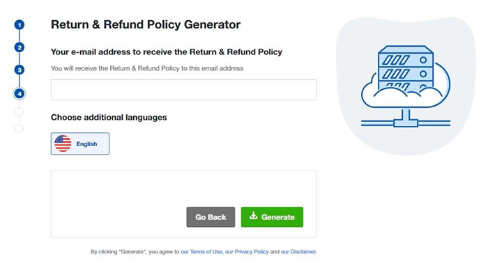 Генератор политики возврата и возмещения TermsFeed: Введите свой адрес электронной почты - Шаг 4