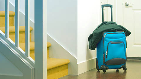 Синяя сумка-тележка у лестницы.